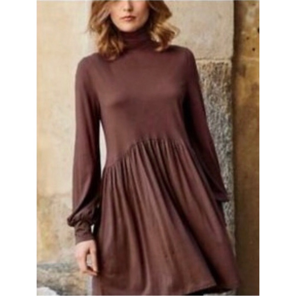 Peruvian Connection Pima Cotton Modal Turtleneck Dress Mauve Brown XS